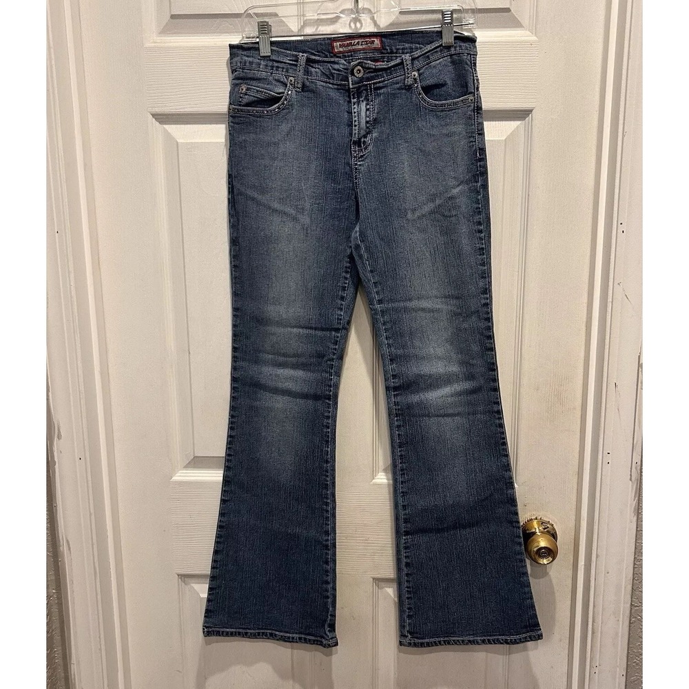 VTG Vanilla Star Jeans Sz 7 Blue Medium Wash Pink Stitching Rhinestone Bootcut